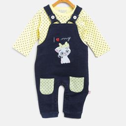 Moms Love Girls Yellow & Navy Blue Printed T-shirt with Dungarees-picture-46