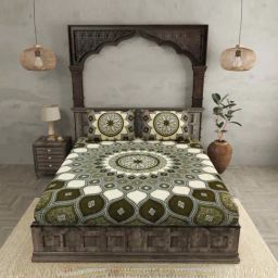 JaipurFabric Green 240 TC 100% Cotton Sacred Shells Double Bedsheet with 2 Pillow Covers-picture-34
