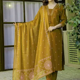 PARTHVI Women Ethnic Motifs Embroidered Regular Thread Work Pure Cotton Kurta with Trousers & With Dupatta image 2