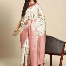 Silk Land Cream & Baby Pink Woven Saree With Unstitched Blouse-picture-31