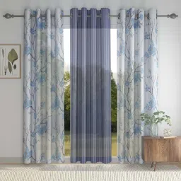 HOSTA HOMES Blue & White Polyester 9 ft Long Door Curtain - Set of 3 image 1