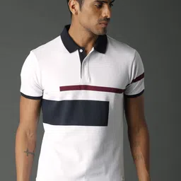 Roadster Men White  Navy Blue Colourblocked Polo Collar Pure Cotton T-shirt-picture-28