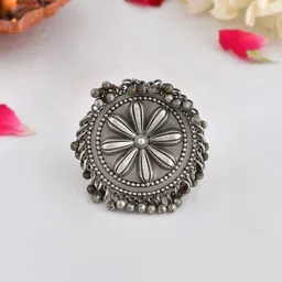 Voylla Women Silver-Plated Oxidised Floral Motif Statement Finger Ring-image-30