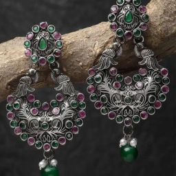 Karatcart Oxidized Silver Drop Shape Peacock Purple And Green Stone Dangler Earrings for Women-picture-33
