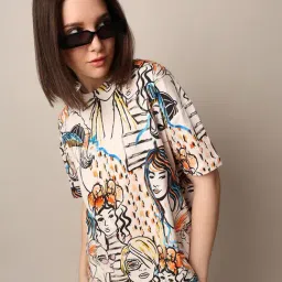 Only Beige & Black Cotton Printed T-Shirt-image-88
