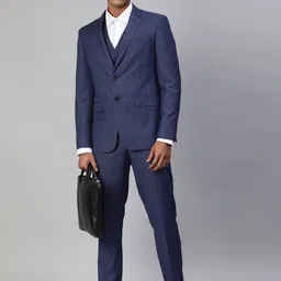 Louis Philippe Men Blue Checked Slim Fit Single Breasted 3 Piece Formal Suit-picture-17
