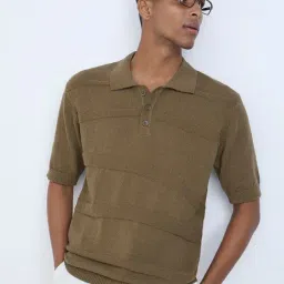 ETA by Westside Beige Self-Striped Relaxed-Fit Cotton Polo T-Shirt-image-67
