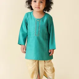 Fabindia Kids Turquoise & Cream Solid Full Sleeves Kurta with Dhoti image 1