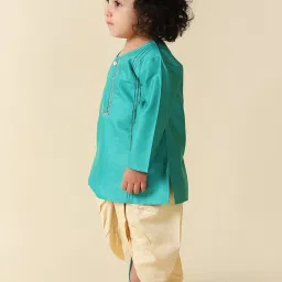 Fabindia Kids Turquoise & Cream Solid Full Sleeves Kurta with Dhoti image 3