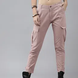 Roadster Women Dusty Pink Solid Mid-Rise Cargos Trousers-picture-33