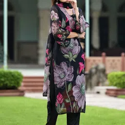 sanjana  silk SANJANA SILK Floral Printed Square Neck Mirror Work Straight Kurta With Trousers & Dupatta image 5
