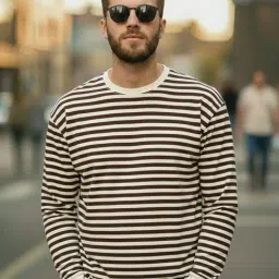 Mack Jonney Brown Cotton Regular Fit Striped T-Shirt-image-70