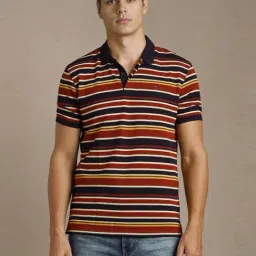Louis Philippe Navy Cotton Slim Fit Striped Polo T-Shirt image 1