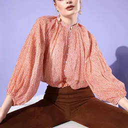 EVERYDAY by ANI Brown & Off White Floral Print Mandarin Collar Bishop Sleeves Blouson Crop Top-picture-17