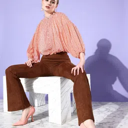 EVERYDAY by ANI Brown & Off White Floral Print Mandarin Collar Bishop Sleeves Blouson Crop Top image 3