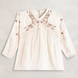 Cherry Crumble By Nitt Hyman Three Fourth Sleeves Floral Embroidered Yoke Detailing Top - Cream-picture-15