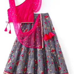 EARTHY TOUCH Taffeta Woven One Shoulder SleevesSequinedEmbroidered Choli Lehenga Set With Dupatta & Lace Detailing - Neon Pink & Grey-image-86