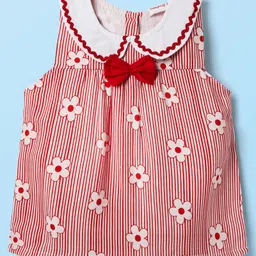 Babyhug Rayon Woven Sleeveless Striped Peter Pan Collared Top with Bow Applique & Floral Print - Red image 1