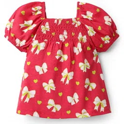 Babyhug 100 % Cotton Knit Puffed Sleeves Top with Smock Detailing & Bow Heart Print - Red-image-14