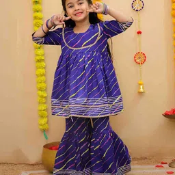 Little Ginnie Cotton Woven Three Fourth Sleeves Leheriya Printed Gota Lace Embellished Coordinating Kurta & Sharara Set - Purple-image-24