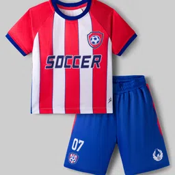 Pine Active Knit Half Sleeves T-Shirt & Shorts Set With Soccer Text Print - Red & Blue-picture-18