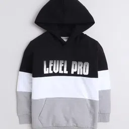 BUMZEE Looper Knit Full Sleeves Text Printed Hooded Sweatshirt With Kangaroo Pockets - Black & Grey-picture-27