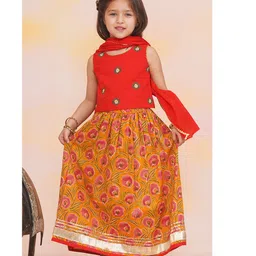 KID1 Cotton Woven Sleeveless Peacock Feather Embroidered & Floral Printed Lehenga Choli With Dupatta Set - Red & Mustard-picture-17