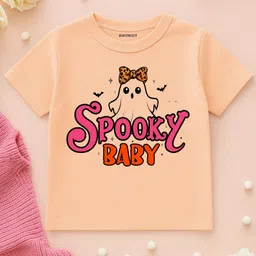 KNITROOT Cotton Lycra Knit Halloween Theme Half Sleeves Spooky Baby Text Printed Tee - Peach-picture-30