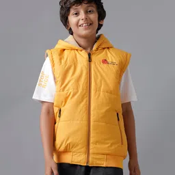 Under Fourteen Only Sleeveless Typography Printed Reversible Padded Light Winter Hooded Jacket - Yellow-image-7