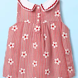 Babyhug Rayon Woven Sleeveless Striped Peter Pan Collared Top with Bow Applique & Floral Print - Red image 2
