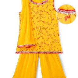 EARTHY TOUCH Woven Sleeveless Kurti Salwar Set with Dupatta & Floral Embroidery - Yellow image 2