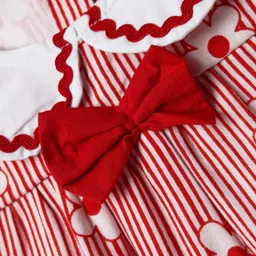 Babyhug Rayon Woven Sleeveless Striped Peter Pan Collared Top with Bow Applique & Floral Print - Red image 3