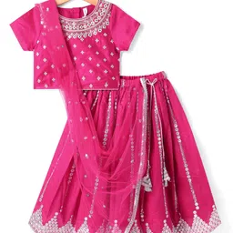 Babyhug Woven Short Sleeves Organza Sequecned Embroidered Choli Lehenga Set With Dupatta & Lace Detailing - Dark Pink image 4