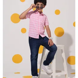 Cherry & Jerry Cotton Woven Half Sleeves Checked Shirt - Pink & White image 5