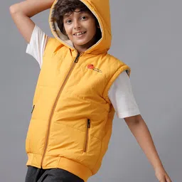 Under Fourteen Only Sleeveless Typography Printed Reversible Padded Light Winter Hooded Jacket - Yellow image 4