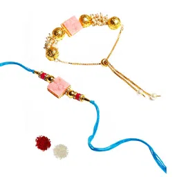 PASSION PETALS Men Set of 2 Pink Bracelet Style Rakhi With Card And Roli Chawal image 5