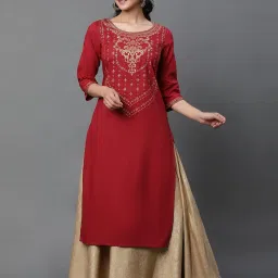 Aurelia Red Cotton Printed Straight Kurta image 1