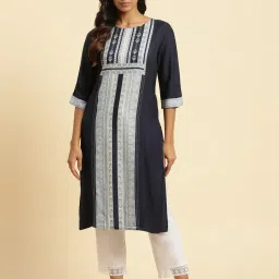 W Blue Printed Straight Kurta image 1