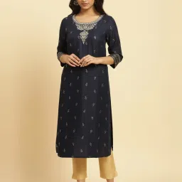 W Navy Embroidered Straight Kurta image 1