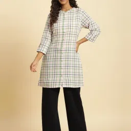 W Off-White Cotton Chequered A Line Kurti image 1