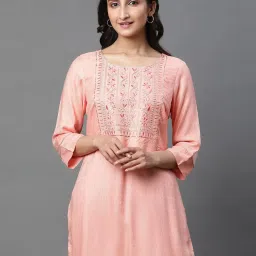 Aurelia Peach Embroidered Straight Kurti image 1