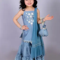 Lil Drama Kids Blue Embroidered Kurta, Gharara with Dupatta-picture-26