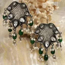 Moedbuille Crystal & Pearl Studded Tribal Design Silver-Plated Handcrafted Tassel Dangler Earrings image 1