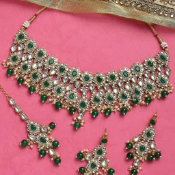 OOMPH Green Stones & Kundan Heavy Ethnic Necklace Set with Drop Earrings & Maangtikka image 1