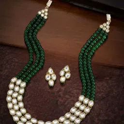 OOMPH Green Pearls & Kundan Ethnic Mala Long Necklace Set with Drop Earrings image 1