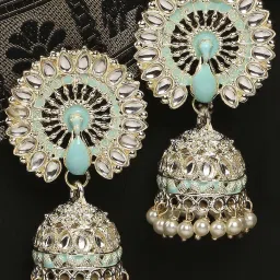 OOMPH Jewellery Mint Green & Kundan Peacock Shape Ethnic Jhumki image 1