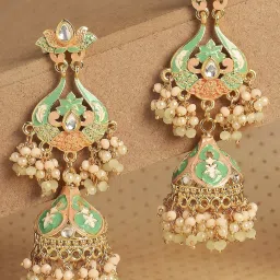 OOMPH Jewellery Green & Pink Meenakari Enamel & Kundan Ethnic Long Jhumki image 1