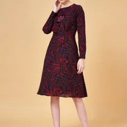 Annabelle by Pantaloons Black & Maroon Printed A-Line Dress image 1