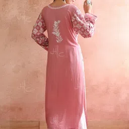 House of Chikankari Pink Embroidered Angrakha Kurta image 2
