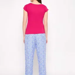 Clovia Pink & Blue Printed T-Shirt Pyjamas Set image 2